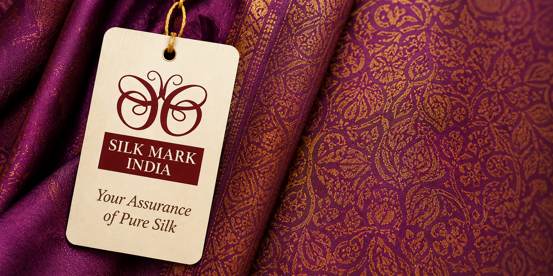 Silk Mark India tag on a pure silk saree with gold zari work