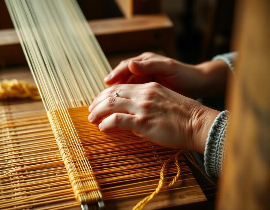 Hands working on a traditional wooden handloom