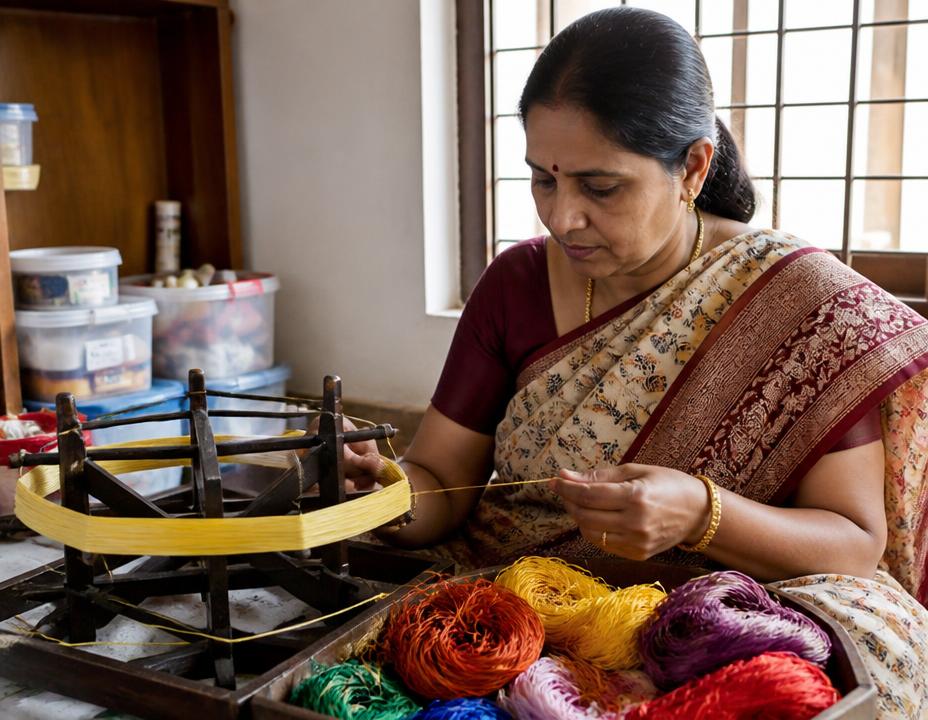 Woman working with silk threads and saree finishing