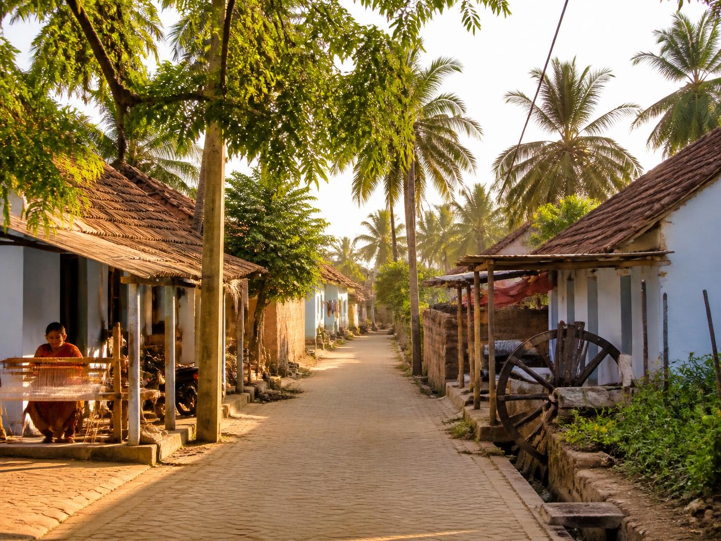 Traditional weaving village in Tamil Nadu with greenery and coconut trees